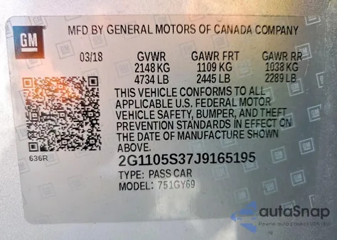 2018 Chevrolet Impala Lt from USA, damaged, VIN 2G1105S37J9165195